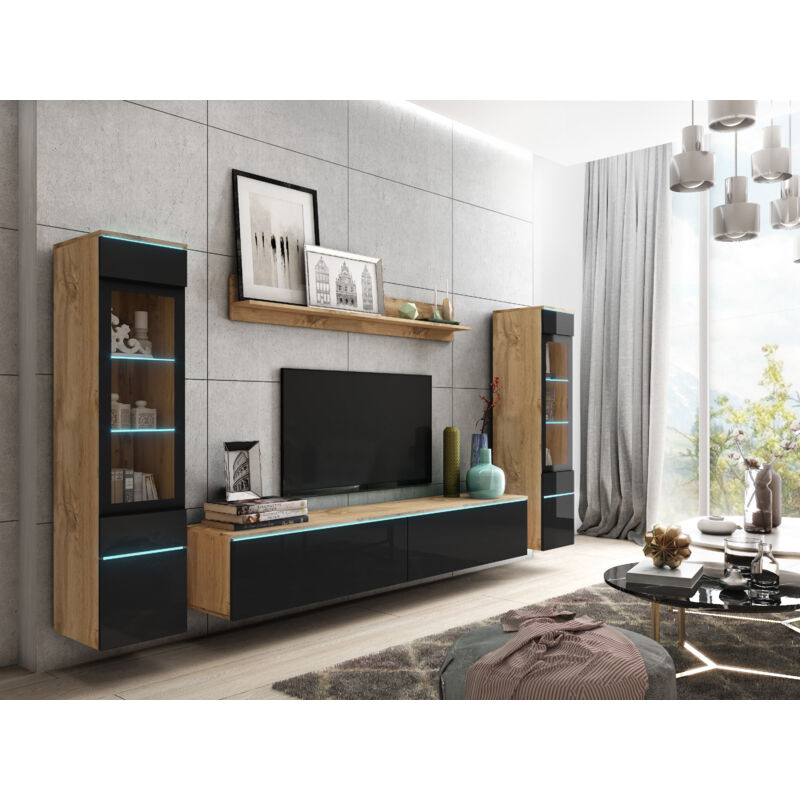 Ensemble de meubles de salon vera ii, ensemble de meubles de salon, éclairage led inclus, couleur wotan/noir brillant