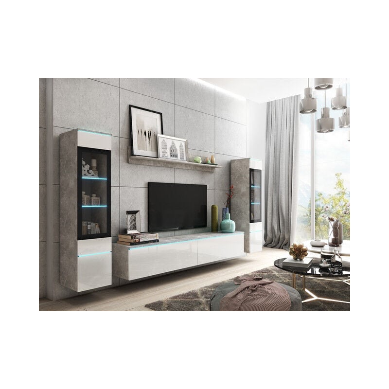 Ensemble de meubles de salon vera ii, ensemble de meubles de salon, sans éclairage led, couleur béton/blanc brillant