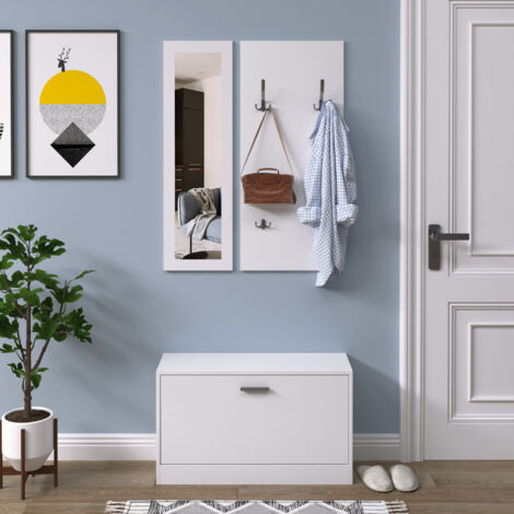Ensemble de meubles d'entrée 3 pièces : étagère à chaussures, miroir, porte-manteau avec 4 crochets, 80 x 27 x 46,5 cm, blanc