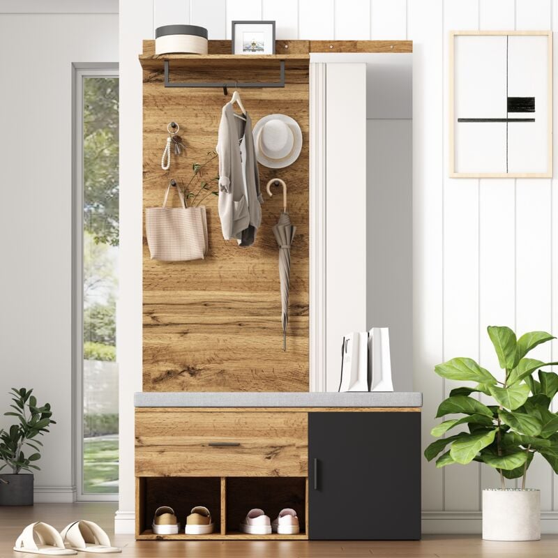 Tanant - Ensemble de meubles d'entrée 4 pièces avec 1 armoire, étagère et patère, 1 banc et 1 miroir, 190 cm de hauteur, Noir