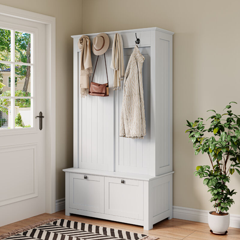Ensemble de meubles d'entrée - Armoire d'entrée portes coulissantes – meuble chaussures et penderie, MDF blanc, gain de place