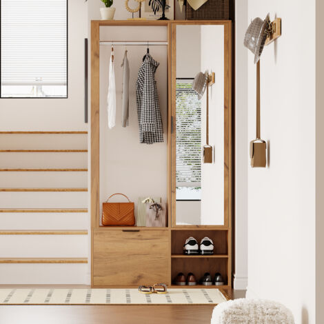 Ensemble de meubles d'entrée avec miroir, cintres, banc à chaussures et étagère, système anti-basculement, design moderne, 100x33x190 cm, finition bois, Naturel