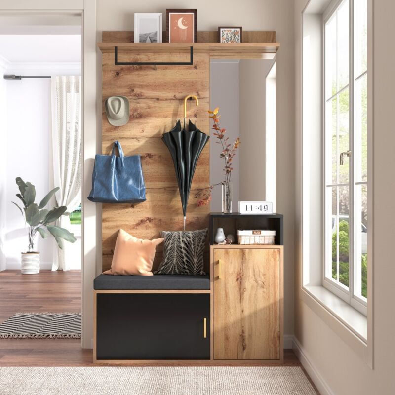 Ensemble de meubles d'entrée avec porte-manteau 4 patères, miroir, rangement chaussures, banc et compartiment supérieur, installation murale requise