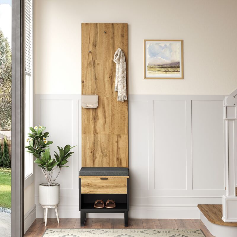 Tanant - Ensemble de meubles d'entrée avec tabouret à chaussures et coussins, accessoires suspendus à l'avant et tiroirs, 210x38x50cm - Naturelle