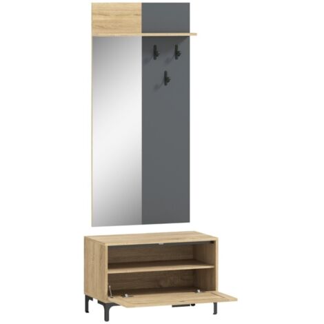 Ensemble de meubles d'entrée-Banc-miroir-3 crochets-étagère-Bois gris naturel-60x13,5x127,5cm