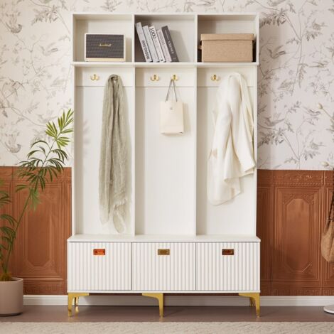 Ensemble de meubles d'entrée - Banc-rangement multifonction - Structure ouverte - 6 crochets - Pieds dorés - L120 P40 H191.5 cm