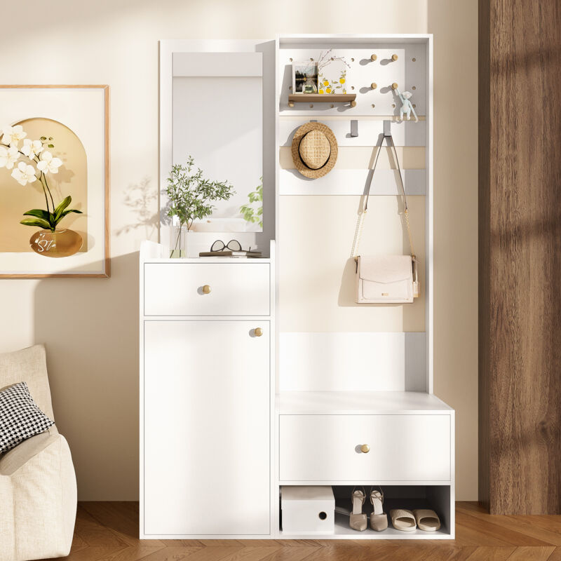Neche – Ensemble de meubles d'entrée blanc – Armoire élégante avec miroir – 2 tiroirs et 1 porte – Dimensions 105x38x180cm