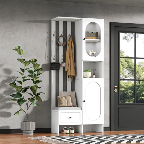Ensemble de meubles d'entrée compacte 85x33,5x200 cm, meuble de rangement pour entrée avec 2 armoires en verre trempé, tiroir, porte-chaussures avec banc rembourré - Blanc