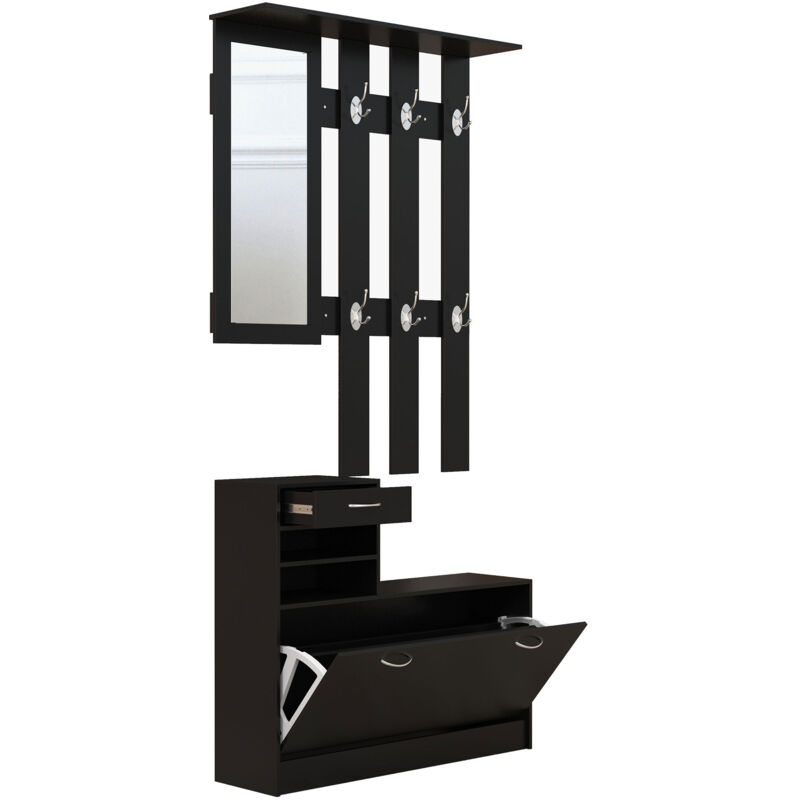 Homcom - Ensemble de meubles d'entrée design contemporain : meuble chaussures, miroir et panneau porte-manteau panneaux de particules noir