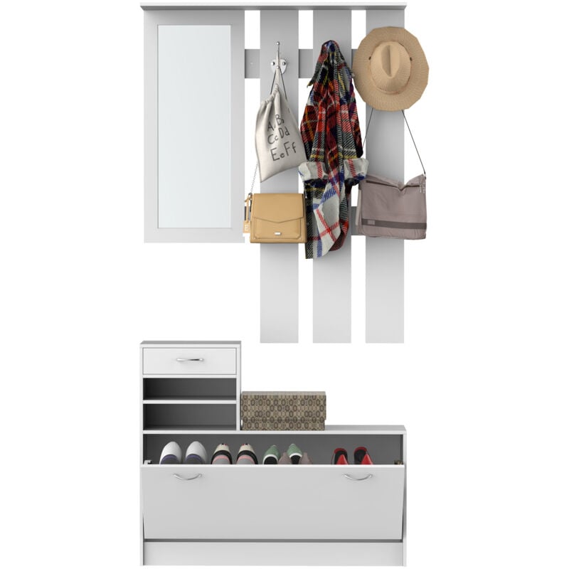 Ensemble de meubles d'entrée design contemporain : meuble chaussures, miroir et panneau porte-manteau panneaux de particules blanc