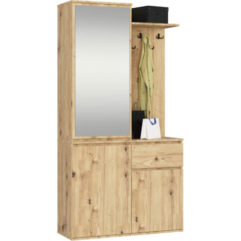 Ensemble de meubles d'entrée ENTRO Chêne Artisan avec armoire et miroir 95 cm 3 portes 1 tiroir 7 étagères 95x35x183 cm