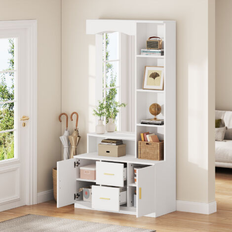Ensemble de meubles d'entrée - Meuble d'entrée – Armoire à chaussures avec miroir, 2 portes, 2 tiroirs, étagères, MDF blanc