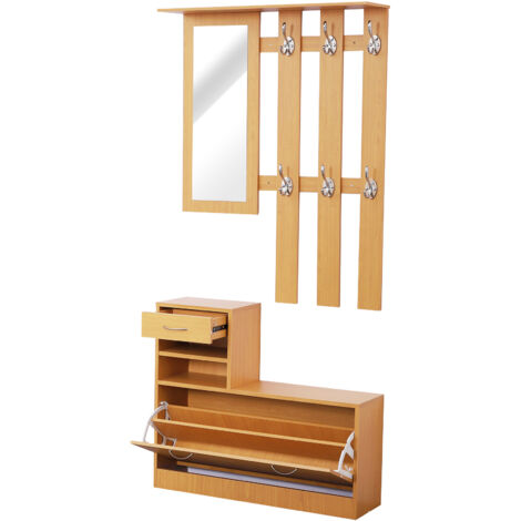 Ensemble de meubles d'entrée modernes avec étagère à chaussures et miroir, porte-manteau à 6 crochets, 2 étagères réglables et tiroirs en bois, 90 x 24 x 166 cm, bois