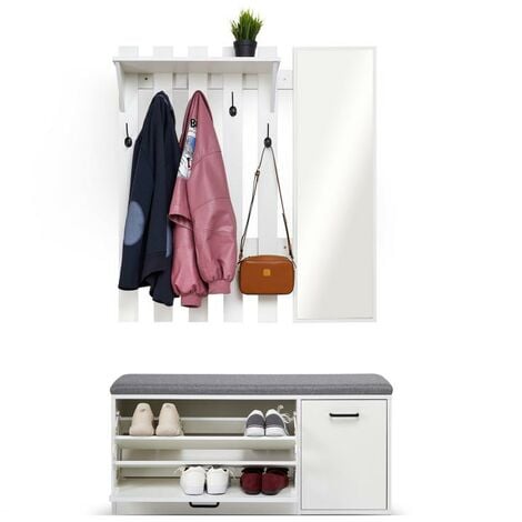 MEERVEIL Ensemble de meubles d'entrée porte manteau avec miroir et banc à chaussures hauteur ajustée pour le couloir l'Entrée la chambre blanc Mondeer