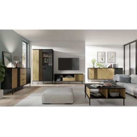 Ensemble de meubles design IZO – Vitrine + Buffets + Table basse + Meuble TV – Noir onyx & Chêne clair