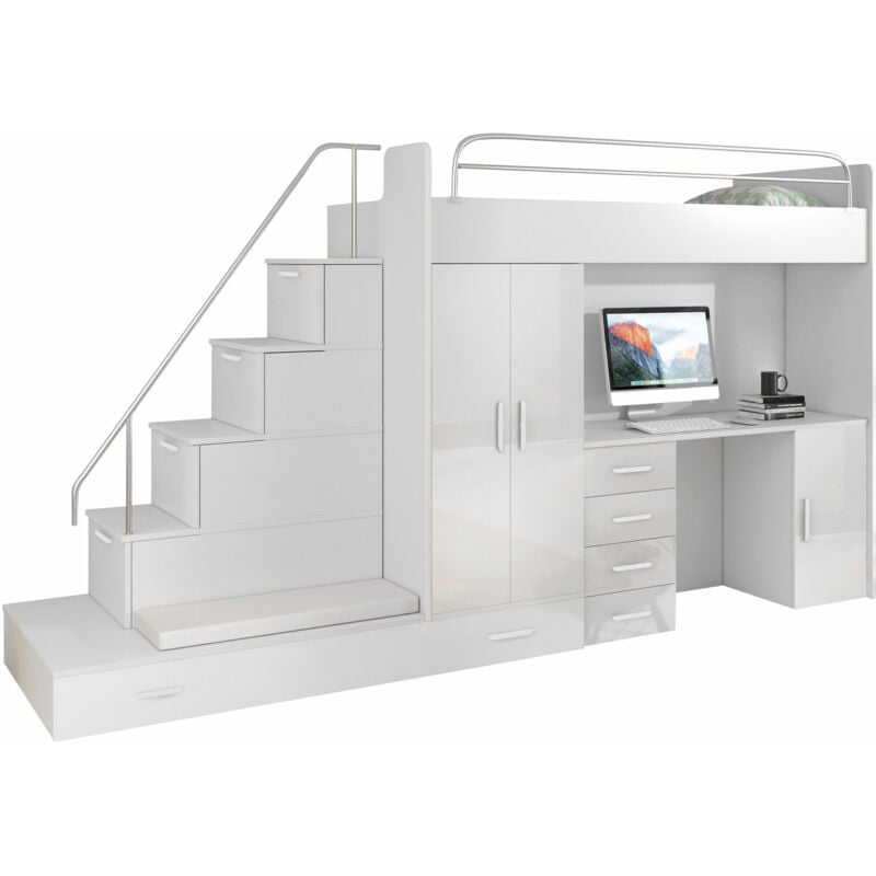 Mobilier1 - Chambre enfant complète Salmere 100, Blanc + Blanc brillant