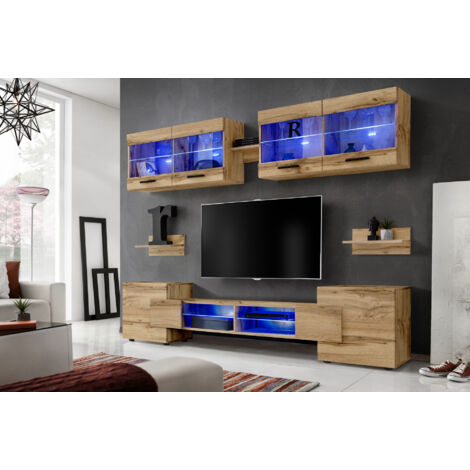 Ensemble de meubles RTV Foggia – Façade Wotan Mat – Largeur 230cm x Hauteur 195cm x Profondeur 35cm – Éclairage LED bleu pour salon