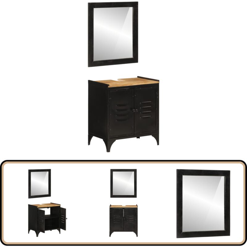 Ensemble de meubles salle de bain 2 pcs fer et bois de manguier - Meuble Salle De Bain - Armoire Salle De Bain - Set Salle De Bain - Rangement Salle