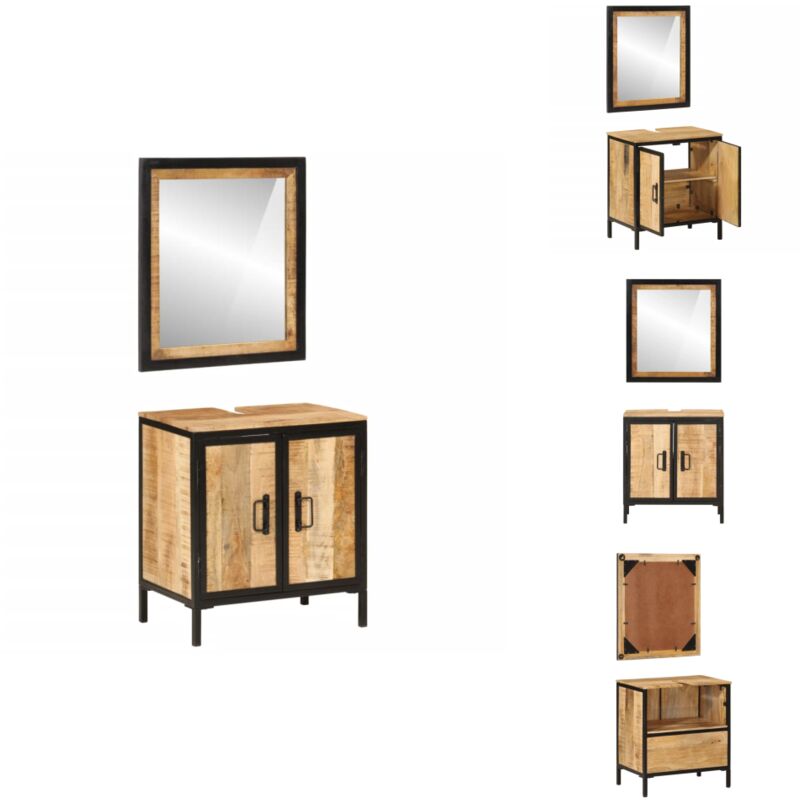 Ensemble de meubles salle de bain 2 pcs fer et bois de manguier - Meuble Salle De Bain - Armoire Salle De Bain - Set Salle De Bain - Rangement Salle
