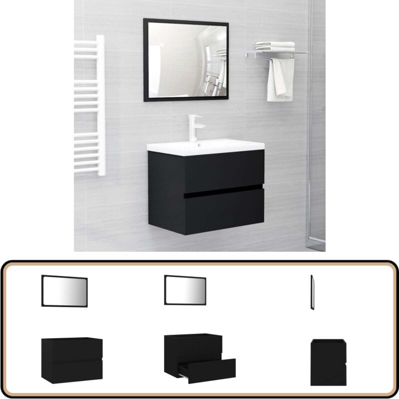 Ensemble de meubles salle de bain 2 pcs noir bois d'ingénierie - Meuble Salle De Bain - Ensemble Salle De Bain - Armoire Salle De Bain - Miroir Salle
