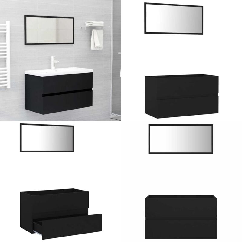 Ensemble de meubles salle de bain 2 pcs noir bois d'ingénierie - Meuble Salle De Bain - Ensemble Salle De Bain - Armoire Salle De Bain - Miroir Salle