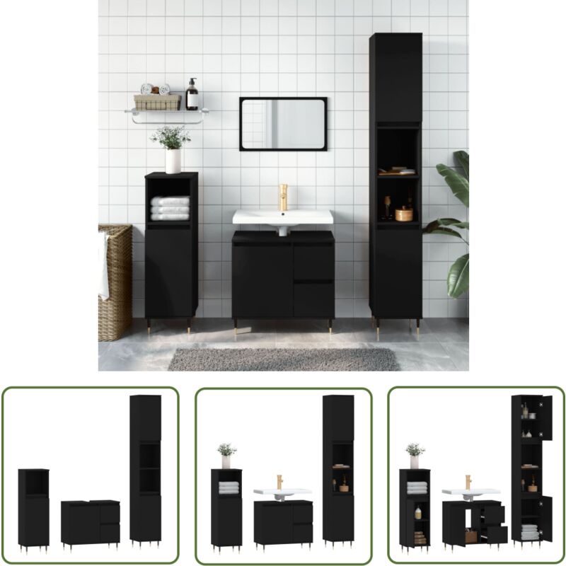 The Living Store Ensemble de meubles salle de bain 3 pcs noir bois d'ingénierie - Meuble De Salle De Bain - Ensemble Salle De Bain - Vanity Unit