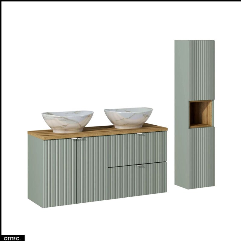 Otitec - Ensemble de meubles sous vasque - 120 cm - avec Plan - 2 Vasques - Colonne - Cube - roseau