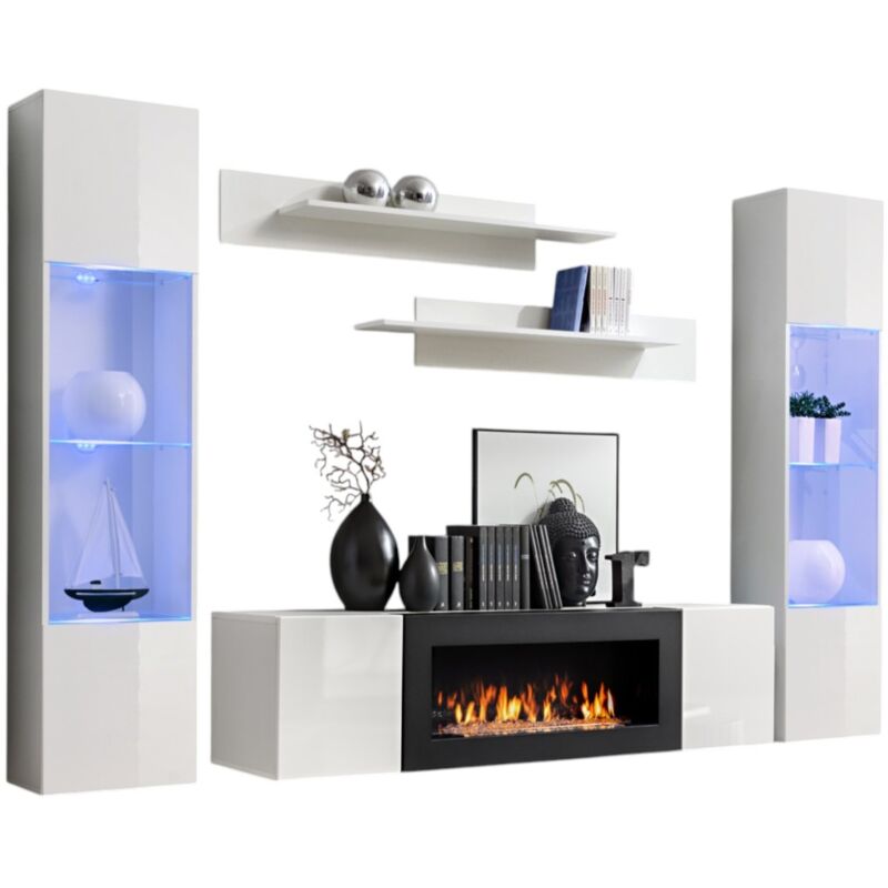 Ensemble de meubles suspendus avec cheminée décorative collection fly M3. Coloris blanc.