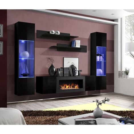 Ensemble de meubles suspendus avec cheminée décorative collection FLY M3. Coloris noir. - Noir
