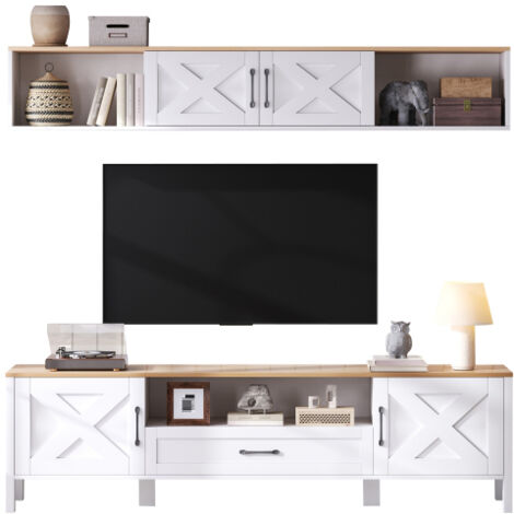 Ensemble de meubles TV 180 x 40 x 50 cm (ensemble complet, 2 pièces), meuble TV + vitrine suspendue, de salon avec 4 armoires et 1 tiroir,  compatible avec des téléviseurs jusqu'à 80 pouces, blanc