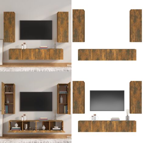 Ensemble de meubles TV 4 pcs Chêne fumé Bois d'ingénierie - Meuble Tv - Meuble Téléviseur - Étagère Murale - Rangement Tv - Décoration Salon - Home & Living