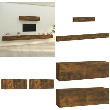 Ensemble de meubles TV 6 pcs Chêne fumé Bois d'ingénierie - Meuble Tv - Meuble Téléviseur - Étagère Murale - Rangement Tv - Mobilier Salle Séjour - Home & Living