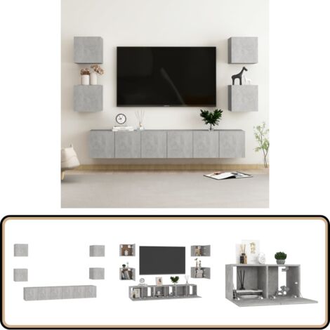 Ensemble de meubles TV 7 pcs Gris béton Bois d'ingénierie - Meuble Tv Mural - Meuble Tv Gris - Ensemble Meuble Tv - Support Tv - Rangement Tv