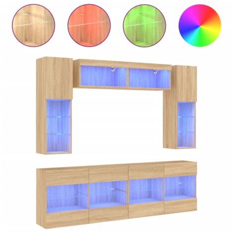 Ensemble de meubles TV Banc TV Armoire TV muraux 6pcs et lumières LED chêne sonoma