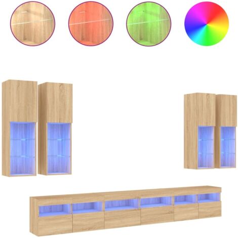 Ensemble de meubles TV Banc TV Armoire TV muraux 7pcs et lumières LED chêne sonoma
