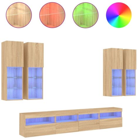 Ensemble de meubles TV Banc TV Armoire TV muraux 7pcs et lumières LED chêne sonoma