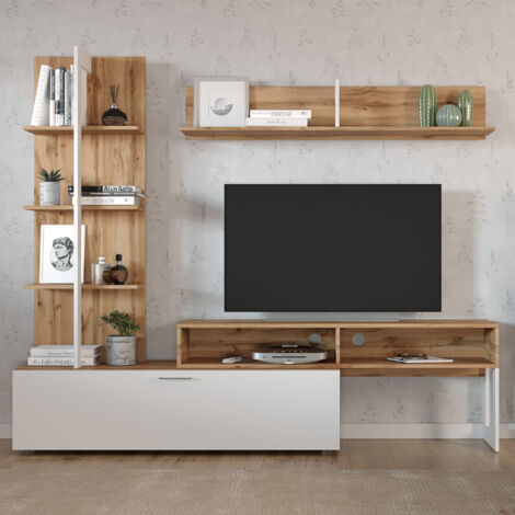 Ensemble de Meubles TV MOLDE - Étagère en Ensemble - Chêne Wotan - Blanc - Largeur 251 cm, Hauteur 174 cm, Profondeur 37 cm