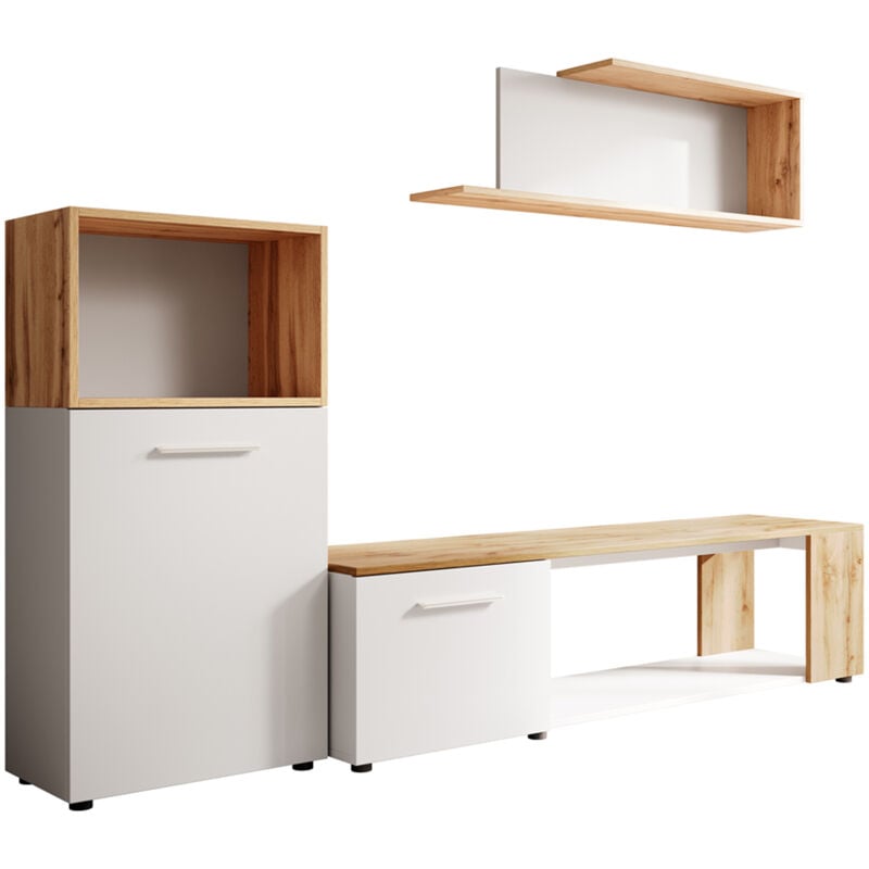 Muebles Bonitos - Ensemble de Meubles tv Mur de Rangement Meuble salon 200cm Modèle Romina Blanc et Chêne