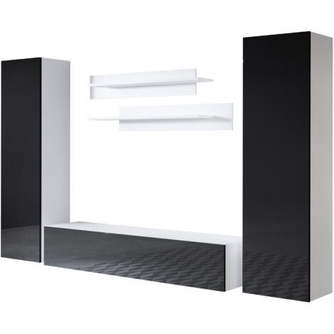 Ensemble de Meubles TV  Mur de Rangement  Meuble salon  Suspendu  Modèle Luke 7C  Blanc et Noir Finition brillante