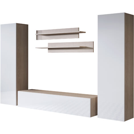 Ensemble de Meubles TV  Mur de Rangement  Meuble salon  Suspendu  Modèle Luke 7E  Sonoma mat et Blanc brillante
