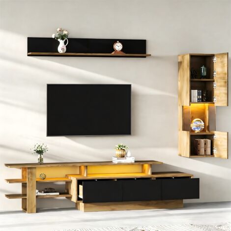 Ensemble de meubles TV muraux 3 pièces avec éclairage LED, mobilier de salon, façade : 1 meuble TV, 1 vitrine, 1 étagère murale, compatible avec les téléviseurs jusqu’à 80 pouces, finition noir et boi