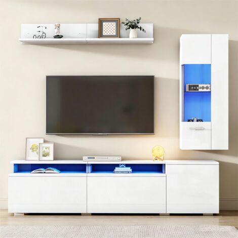 Ensemble de meubles TV muraux 3 pièces avec LED vitrine et étagère murale meuble TV de salon Pour les tv jusqu'à 80 pouces Blanc