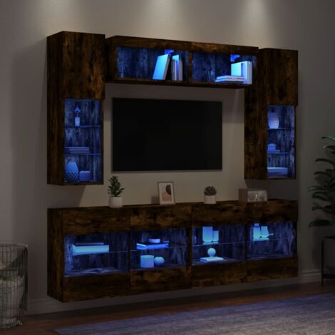 Ensemble de meubles TV muraux 6 pcs-Banc TV-Meuble Télé et lumières LED chêne fumé