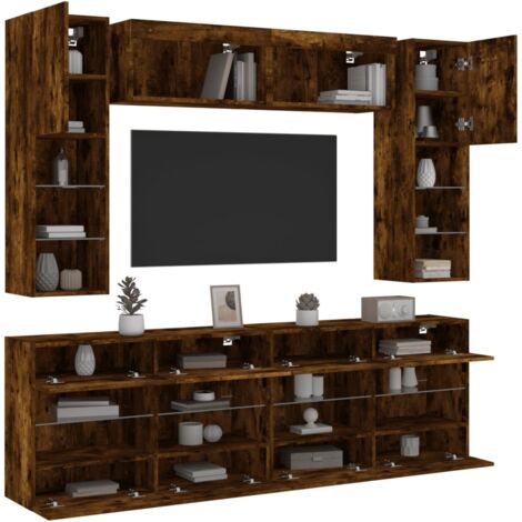 Ensemble de meubles TV muraux 6pcs et lumières LED chêne fumé