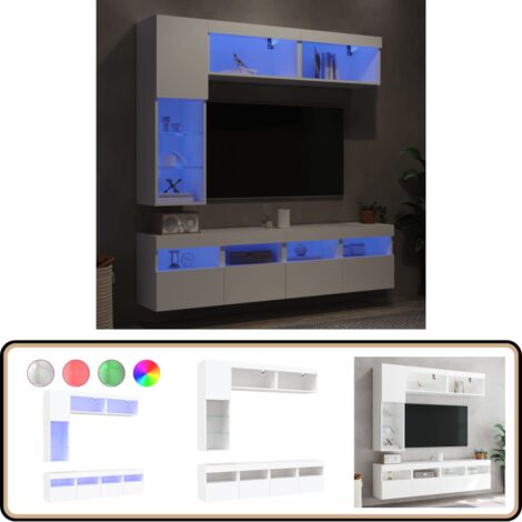 Ensemble de meubles TV muraux 7 pcs avec lumières LED blanc - Meuble Tv Mural - Meuble Télé Mural - Unité Multimedia Murale - Éclairage Led Rgb - Rangement Mural
