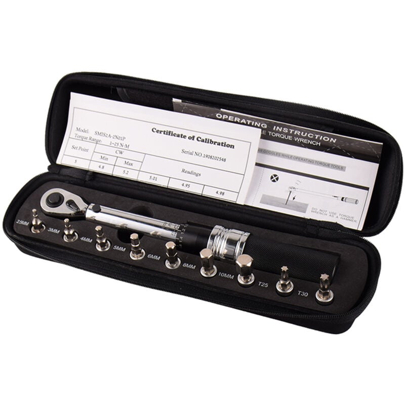 Lifcausal - Ensemble de mini clés dynamométriques réglables pour vélo 1/4' dr 1-25 Nm Kit d'outils de fixation de vélo Clé dynamométrique mécanique à