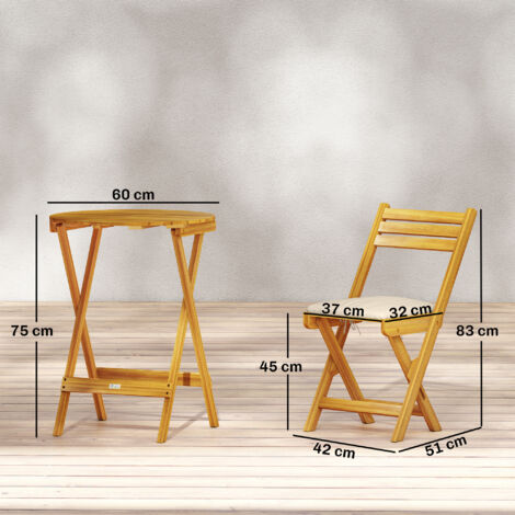 Ensemble de mobilier de balcon 3 pièces, bois certifié FSC, ensemble de mobilier de jardin pliable avec table ronde, 2 chaises, coussins d'assise respirants et assise à lattes.