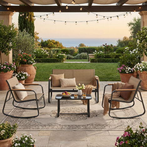 Ensemble de Mobilier de Jardin, 2 Chaises à Bascule avec Table, Banc, en Acier, avec Accoudoirs, Marron