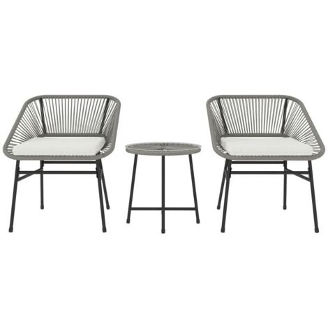 Ensemble de mobilier de jardin 3 pièces, 1 table, 2 chaises, rotin tressé, structure en acier, table basse avec plateau en verre, gris foncé