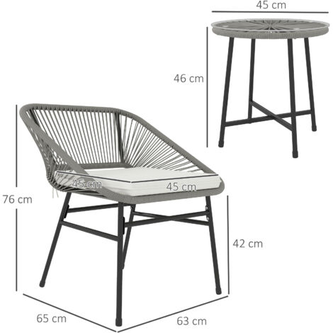 Ensemble de mobilier de jardin 3 pièces, 1 table, 2 chaises, rotin tressé, structure en acier, table basse avec plateau en verre, gris foncé